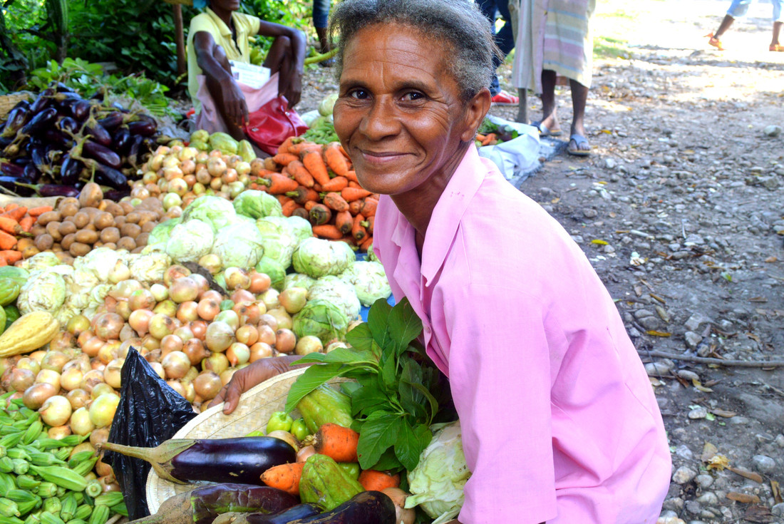 A woman wearing light pink kneels down with a basket of fresh vegetables. Behind her are large groups of eggplants, potatoes, and more vegetables.